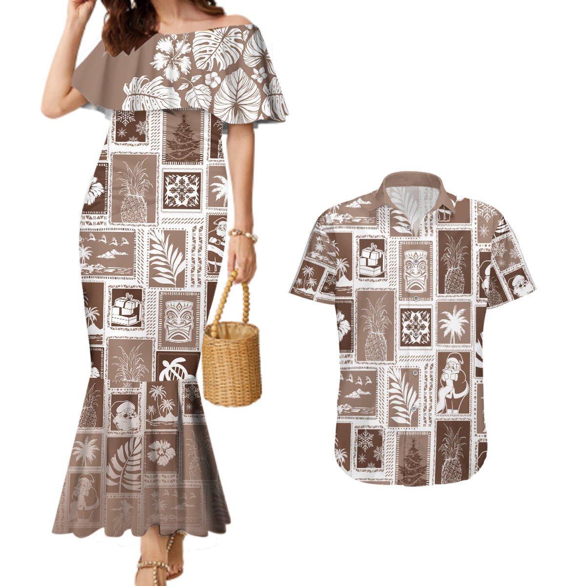 Hawaii Christmas Retro Patchwork Couples Matching Mermaid Dress and Hawaiian Shirt Brown LT7 Brown - Polynesian Pride