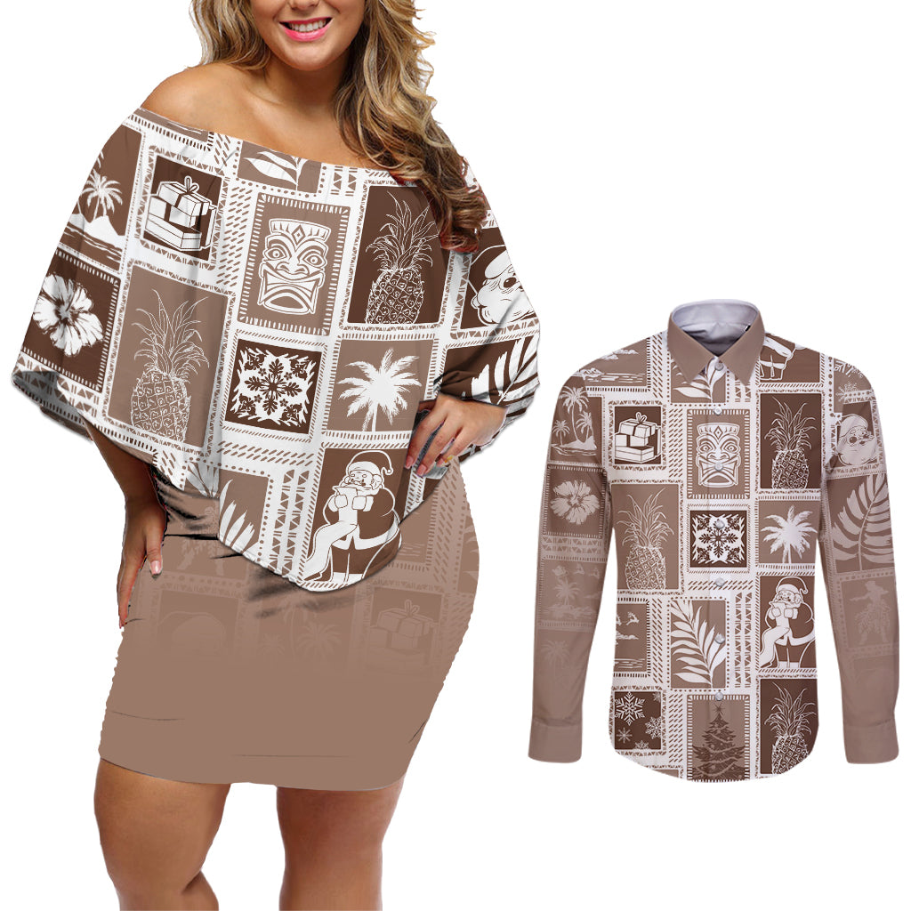 Hawaii Christmas Retro Patchwork Couples Matching Off Shoulder Short Dress and Long Sleeve Button Shirt Brown LT7 Brown - Polynesian Pride