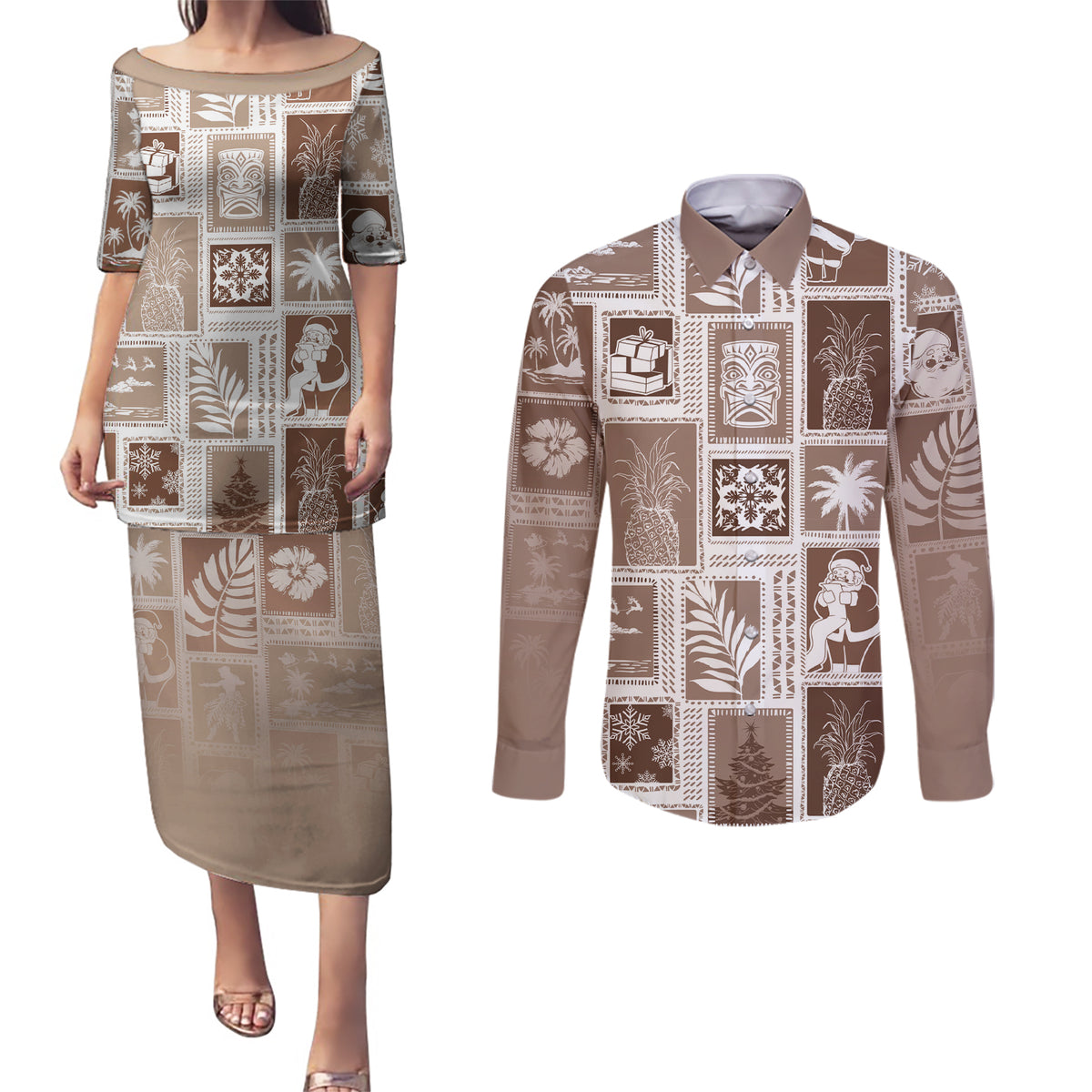 Hawaii Christmas Retro Patchwork Couples Matching Puletasi Dress and Long Sleeve Button Shirt Brown LT7 Brown - Polynesian Pride