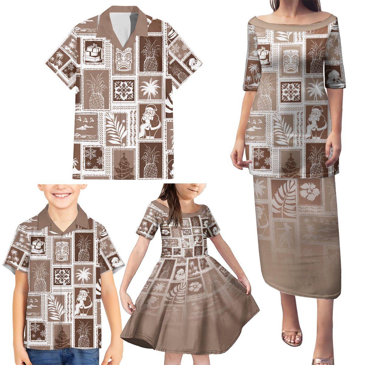 Hawaii Christmas Retro Patchwork Family Matching Puletasi Dress and Hawaiian Shirt Brown LT7 - Polynesian Pride