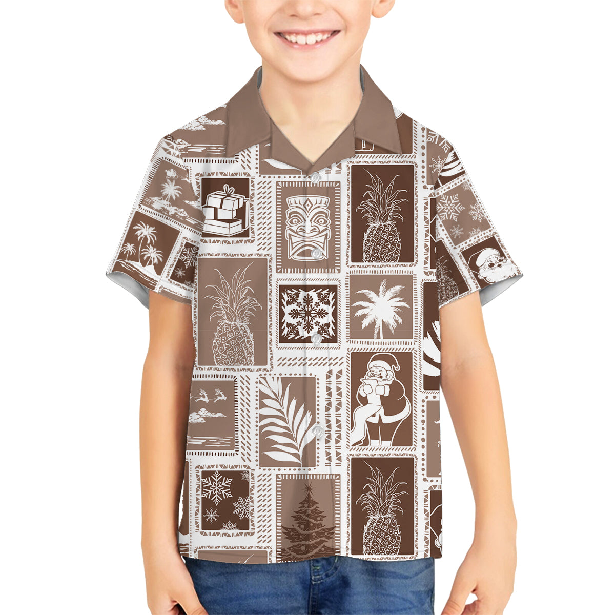 Hawaii Christmas Retro Patchwork Family Matching Summer Maxi Dress and Hawaiian Shirt Brown LT7 Son's Shirt Brown - Polynesian Pride