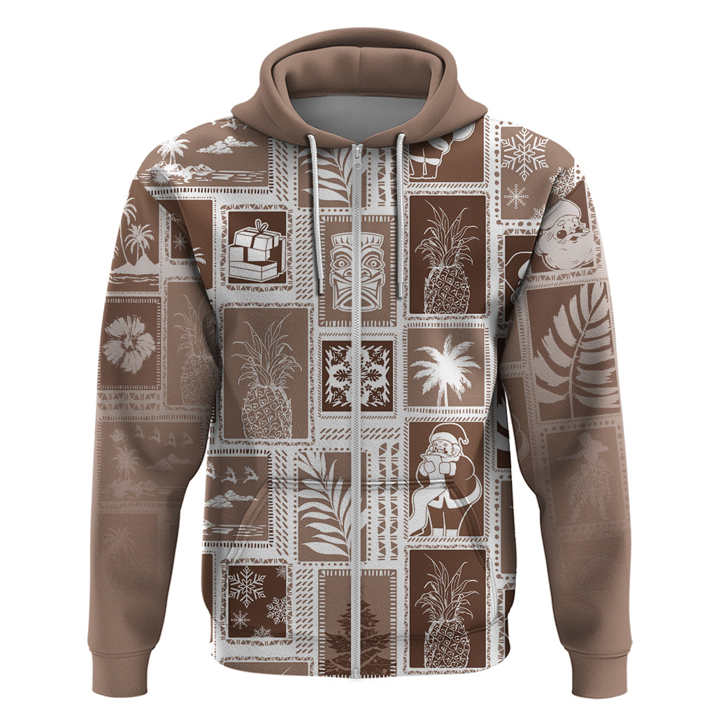 Hawaii Christmas Retro Patchwork Hoodie Brown LT7 Zip Hoodie Brown - Polynesian Pride