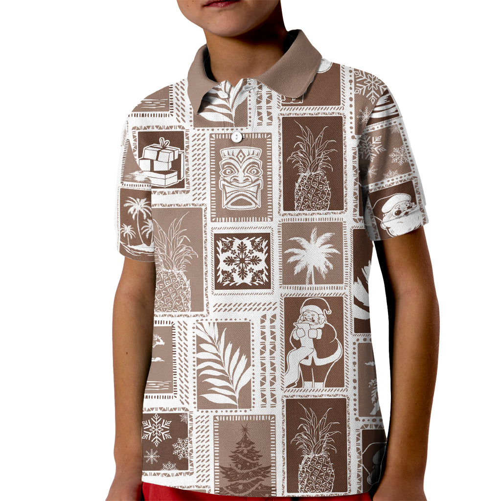 Hawaii Christmas Retro Patchwork Kid Polo Shirt Brown LT7 Kid Brown - Polynesian Pride