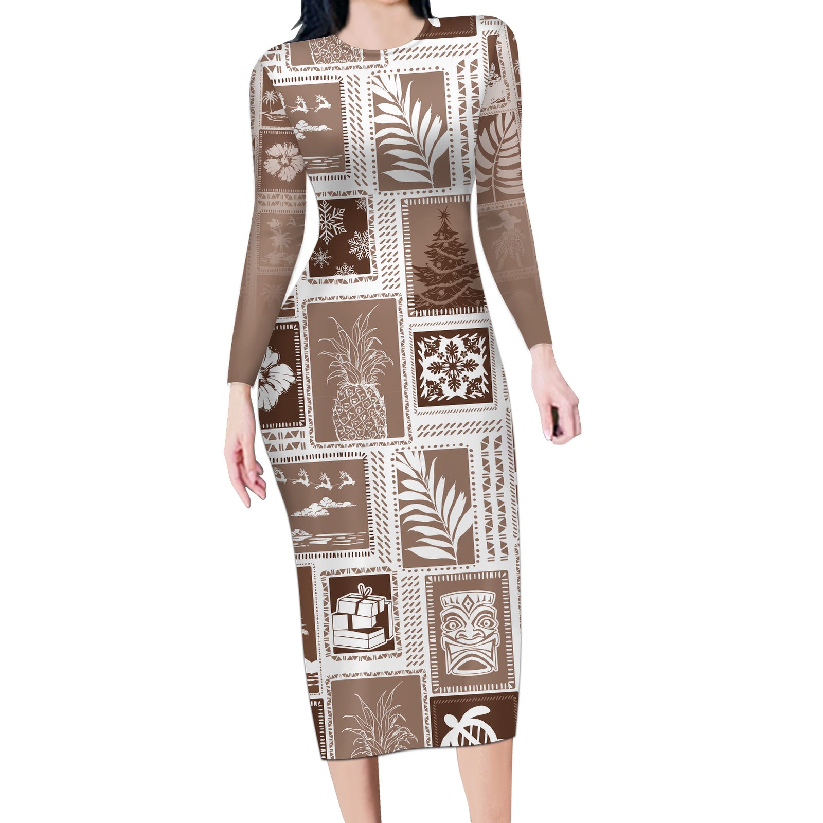 Hawaii Christmas Retro Patchwork Long Sleeve Bodycon Dress Brown LT7 Long Dress Brown - Polynesian Pride