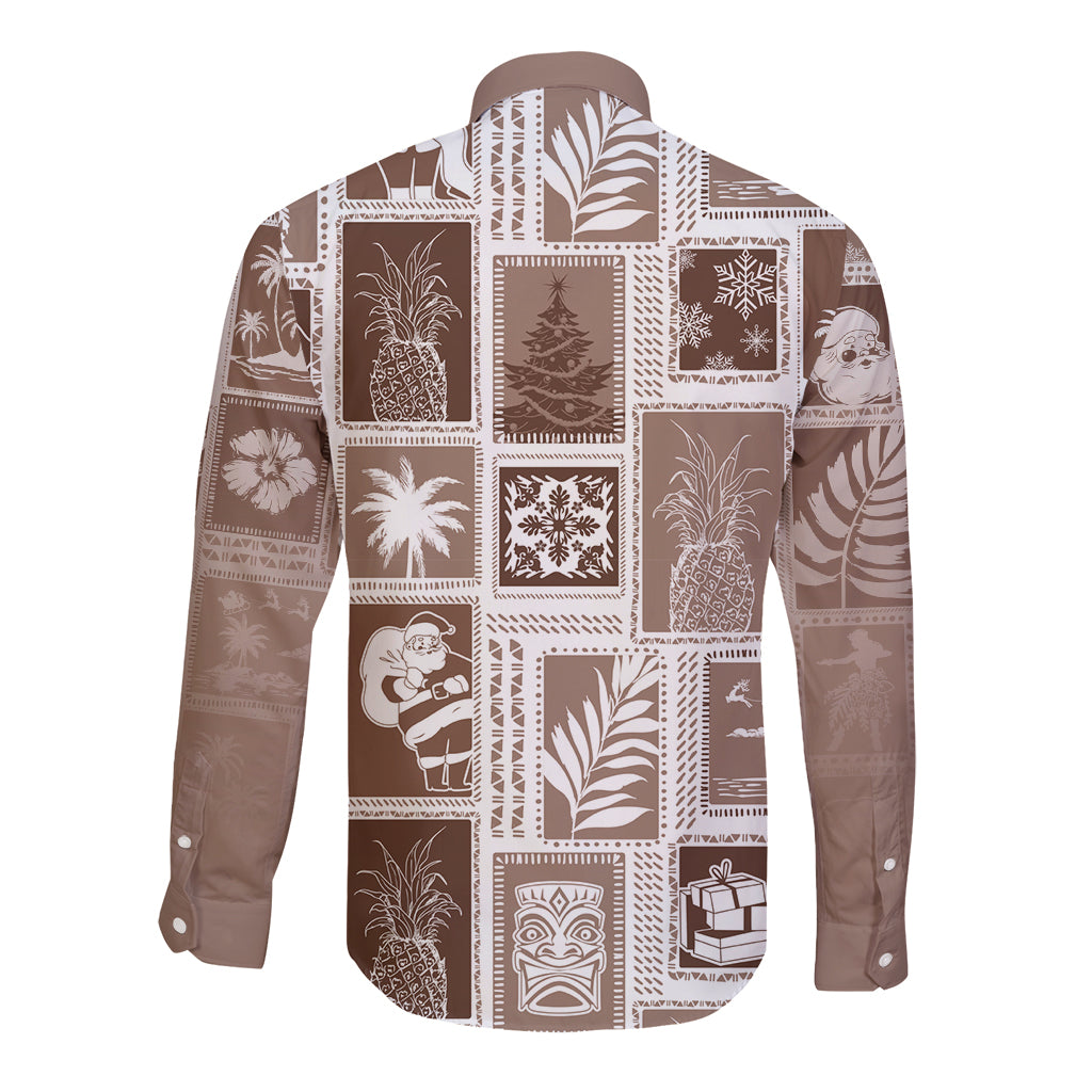 Hawaii Christmas Retro Patchwork Long Sleeve Button Shirt Brown LT7 - Polynesian Pride