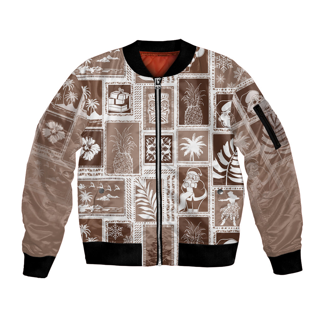 Hawaii Christmas Retro Patchwork Sleeve Zip Bomber Jacket Brown LT7 Unisex Brown - Polynesian Pride