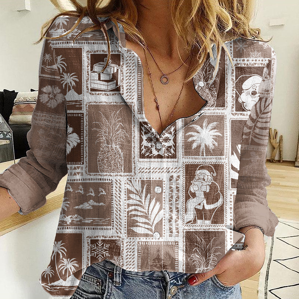 Hawaii Christmas Retro Patchwork Women Casual Shirt Brown LT7 Female Brown - Polynesian Pride