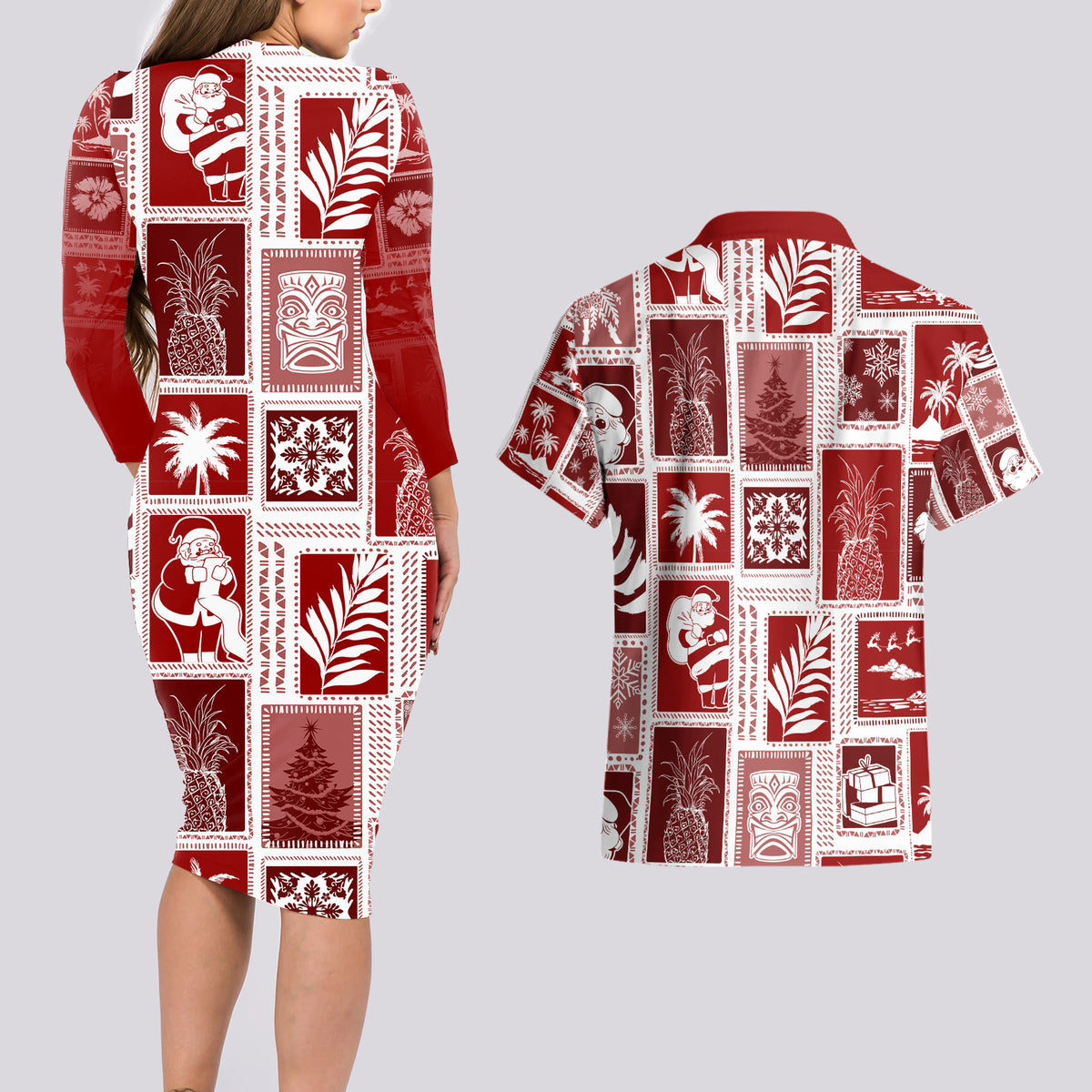Hawaii Christmas Retro Patchwork Couples Matching Long Sleeve Bodycon Dress and Hawaiian Shirt Red LT7 - Polynesian Pride