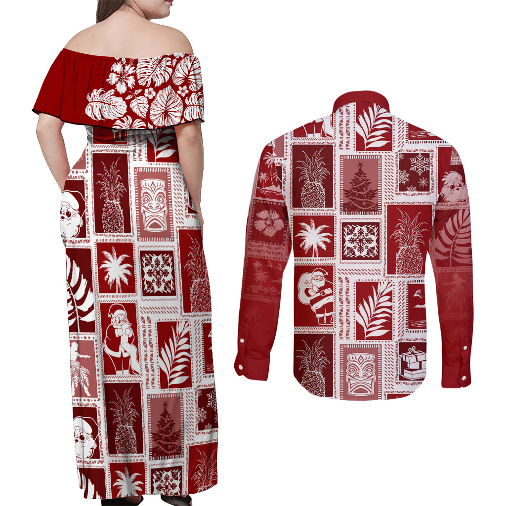 Hawaii Christmas Retro Patchwork Couples Matching Off Shoulder Maxi Dress and Long Sleeve Button Shirt Red LT7 - Polynesian Pride