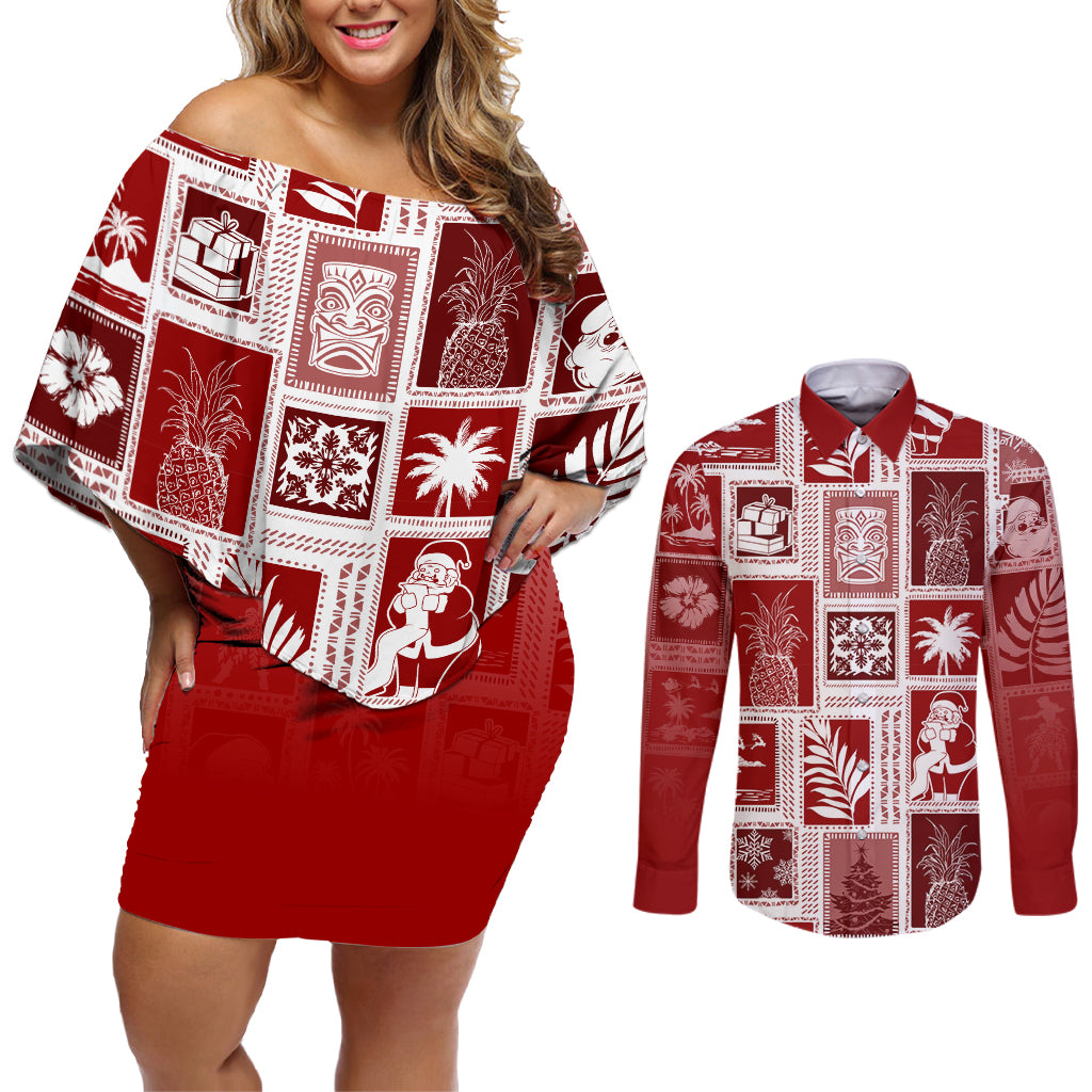 Hawaii Christmas Retro Patchwork Couples Matching Off Shoulder Short Dress and Long Sleeve Button Shirt Red LT7 Red - Polynesian Pride