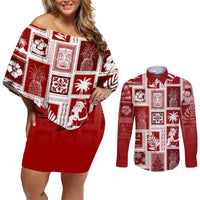 Hawaii Christmas Retro Patchwork Couples Matching Off Shoulder Short Dress and Long Sleeve Button Shirt Red LT7 Red - Polynesian Pride