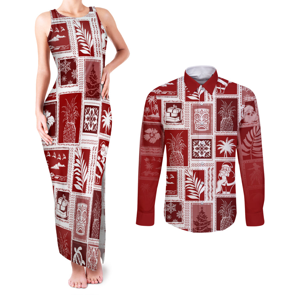 Hawaii Christmas Retro Patchwork Couples Matching Tank Maxi Dress and Long Sleeve Button Shirt Red LT7 Red - Polynesian Pride