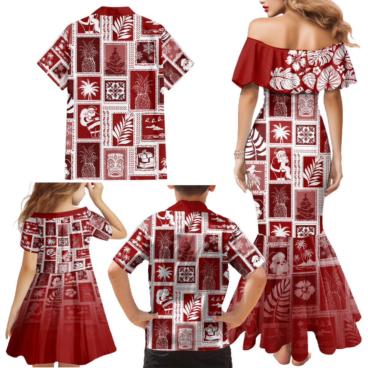 Hawaii Christmas Retro Patchwork Family Matching Mermaid Dress and Hawaiian Shirt Red LT7 - Polynesian Pride