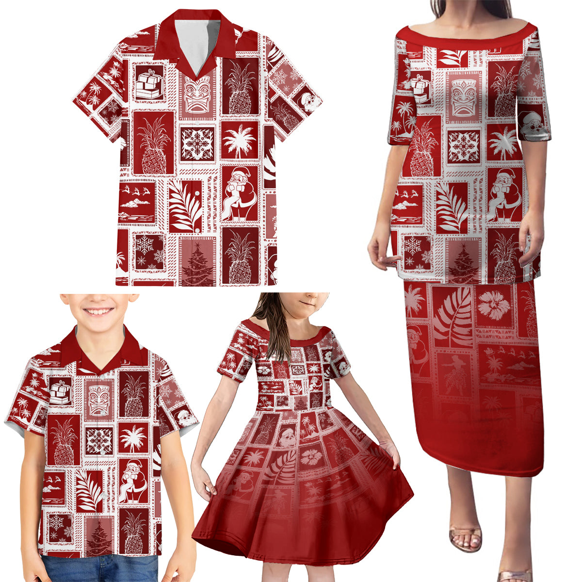 Hawaii Christmas Retro Patchwork Family Matching Puletasi Dress and Hawaiian Shirt Red LT7 - Polynesian Pride