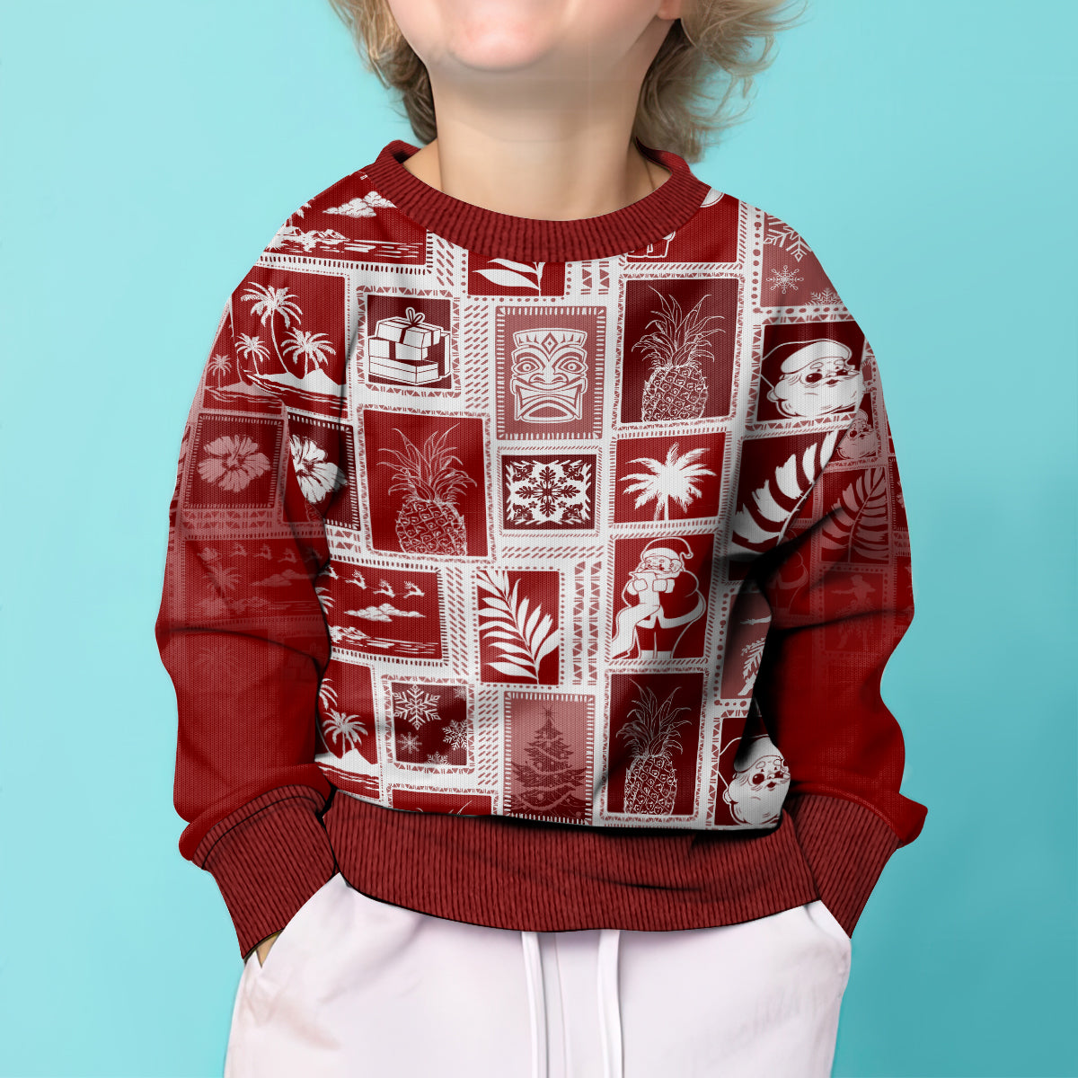 Hawaii Christmas Kid Ugly Christmas Sweater Retro Patchwork - Red LT7 - Polynesian Pride