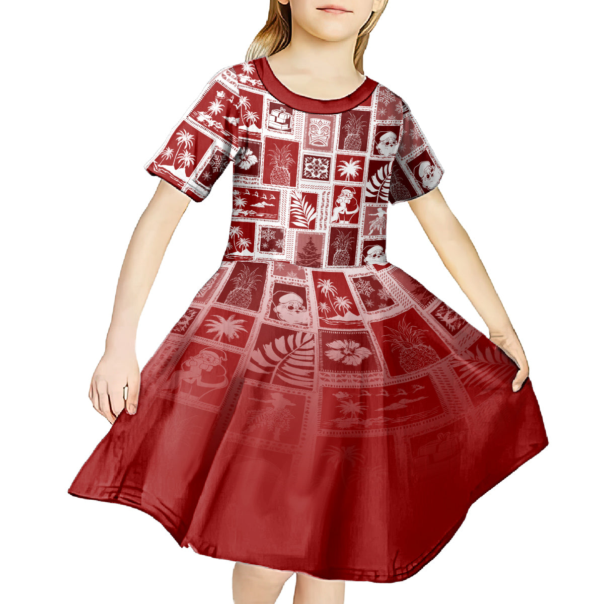Hawaii Christmas Retro Patchwork Kid Short Sleeve Dress Red LT7 - Polynesian Pride