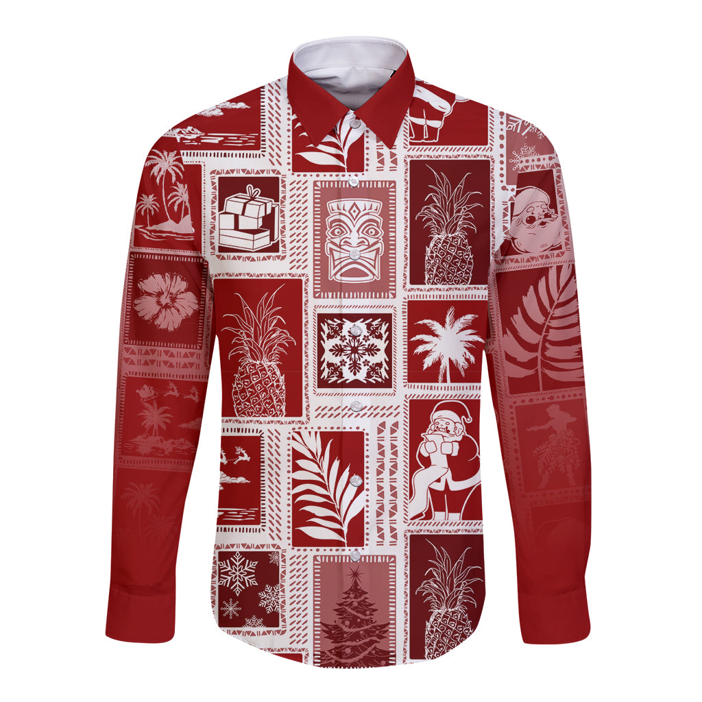 Hawaii Christmas Retro Patchwork Long Sleeve Button Shirt Red LT7 Unisex Red - Polynesian Pride