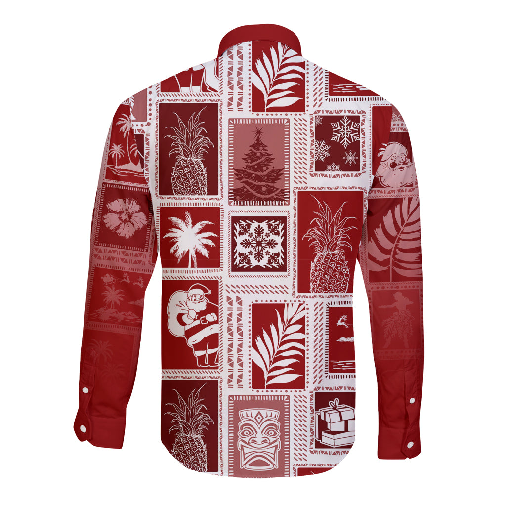 Hawaii Christmas Retro Patchwork Long Sleeve Button Shirt Red LT7 - Polynesian Pride
