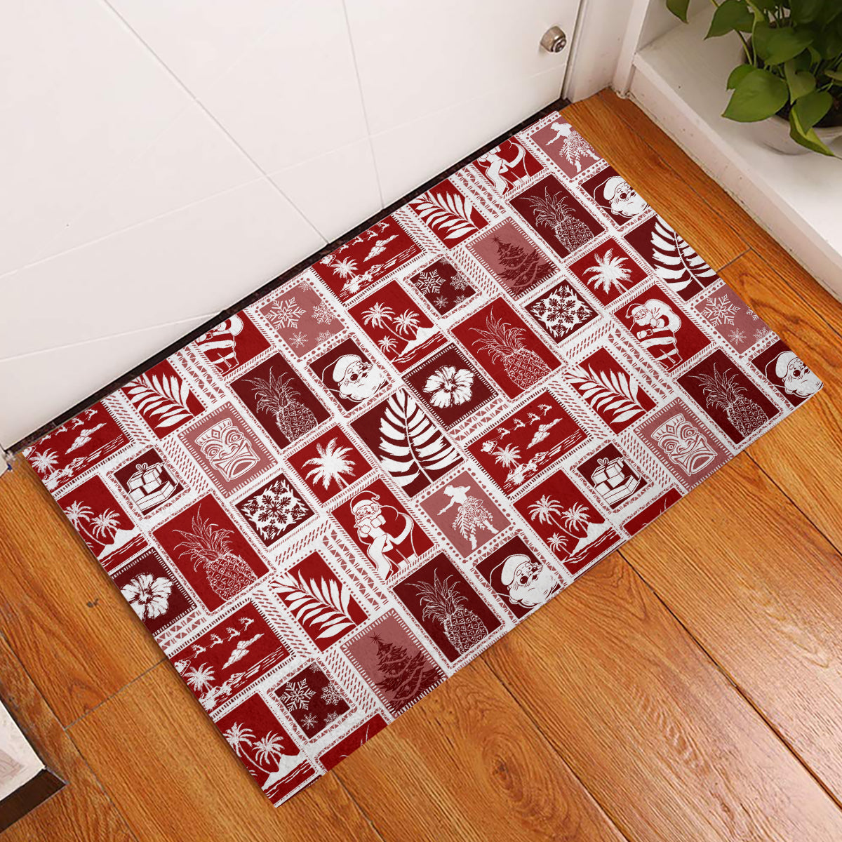 Hawaii Christmas Retro Patchwork Rubber Doormat Red LT7 Red - Polynesian Pride