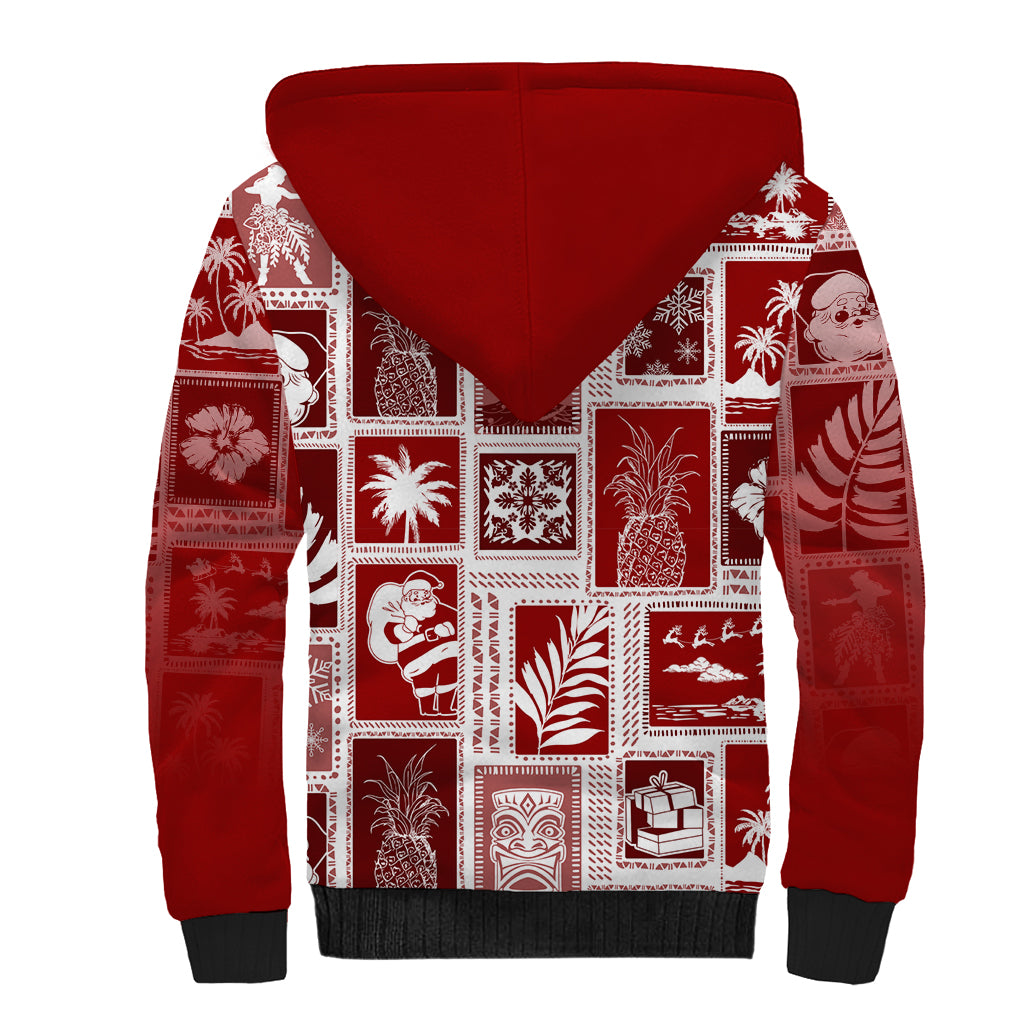 Hawaii Christmas Retro Patchwork Sherpa Hoodie Red LT7 - Polynesian Pride