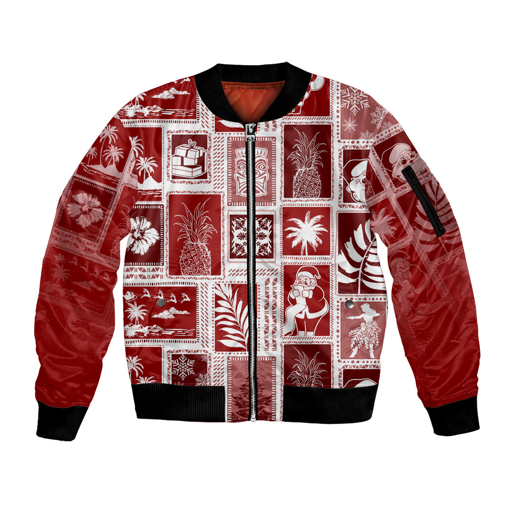 Hawaii Christmas Retro Patchwork Sleeve Zip Bomber Jacket Red LT7 Unisex Red - Polynesian Pride