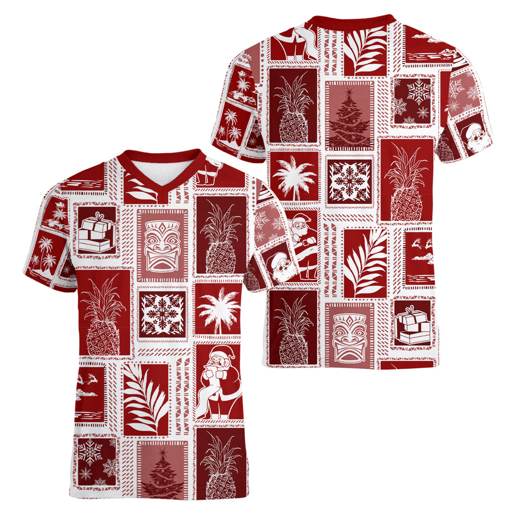 Hawaii Christmas Retro Patchwork Women V Neck T Shirt Red LT7 - Polynesian Pride