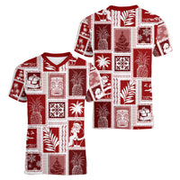 Hawaii Christmas Retro Patchwork Women V Neck T Shirt Red LT7 - Polynesian Pride