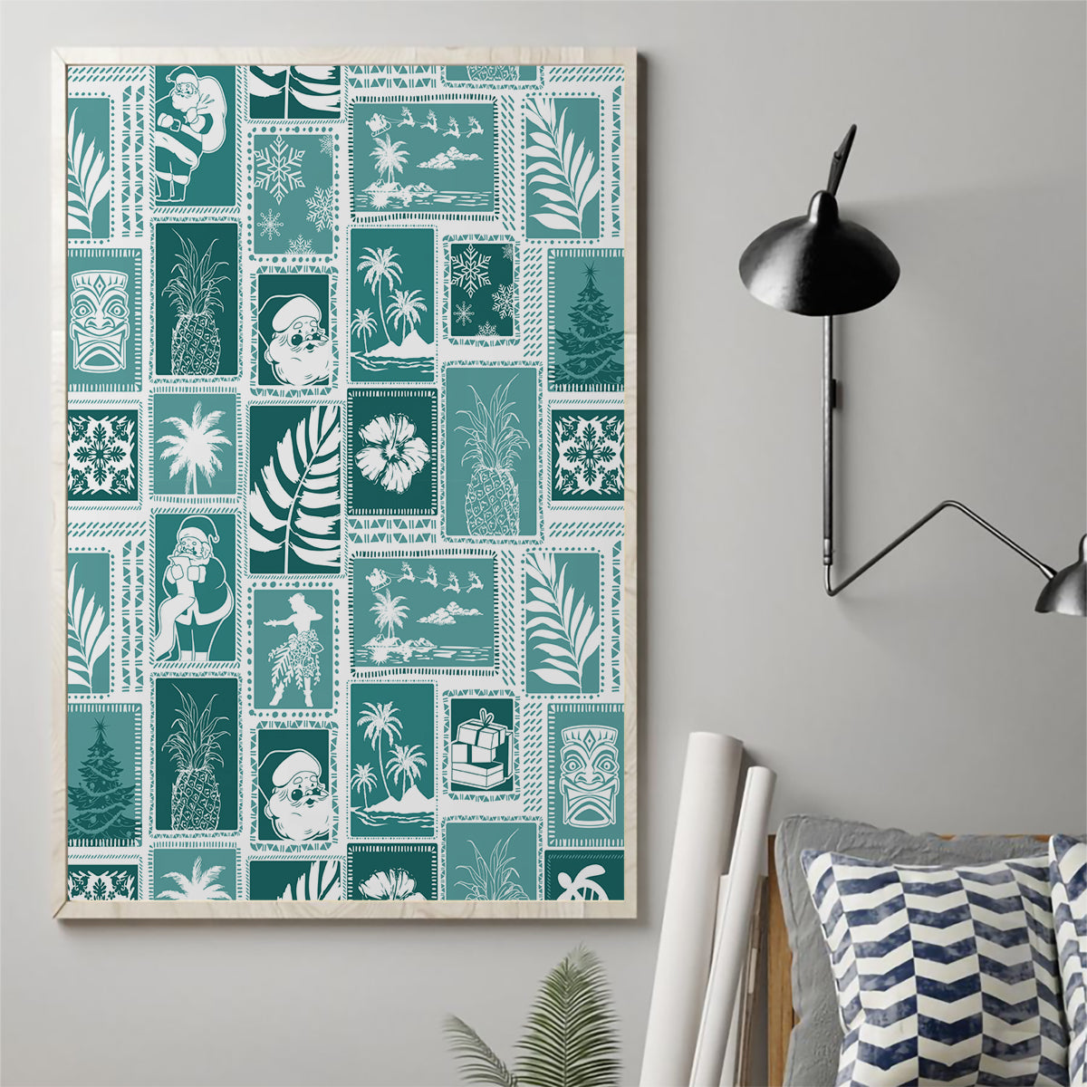 Hawaii Christmas Retro Patchwork Canvas Wall Art Teal LT7 - Polynesian Pride