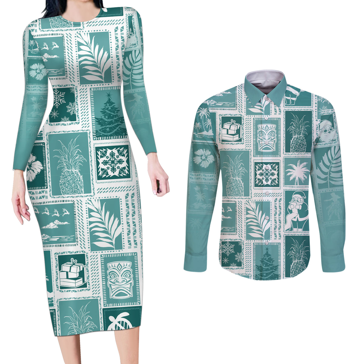 Hawaii Christmas Retro Patchwork Couples Matching Long Sleeve Bodycon Dress and Long Sleeve Button Shirt Teal LT7 Teal - Polynesian Pride