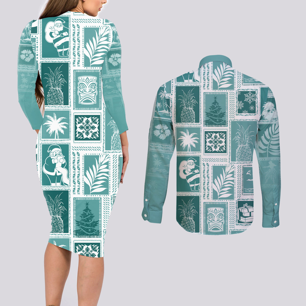Hawaii Christmas Retro Patchwork Couples Matching Long Sleeve Bodycon Dress and Long Sleeve Button Shirt Teal LT7 - Polynesian Pride