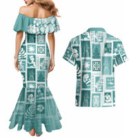 Hawaii Christmas Retro Patchwork Couples Matching Mermaid Dress and Hawaiian Shirt Teal LT7 - Polynesian Pride