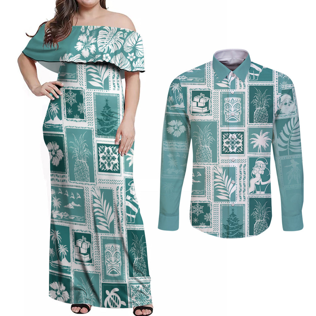 Hawaii Christmas Retro Patchwork Couples Matching Off Shoulder Maxi Dress and Long Sleeve Button Shirt Teal LT7 Teal - Polynesian Pride