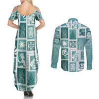 Hawaii Christmas Retro Patchwork Couples Matching Summer Maxi Dress and Long Sleeve Button Shirt Teal LT7 - Polynesian Pride