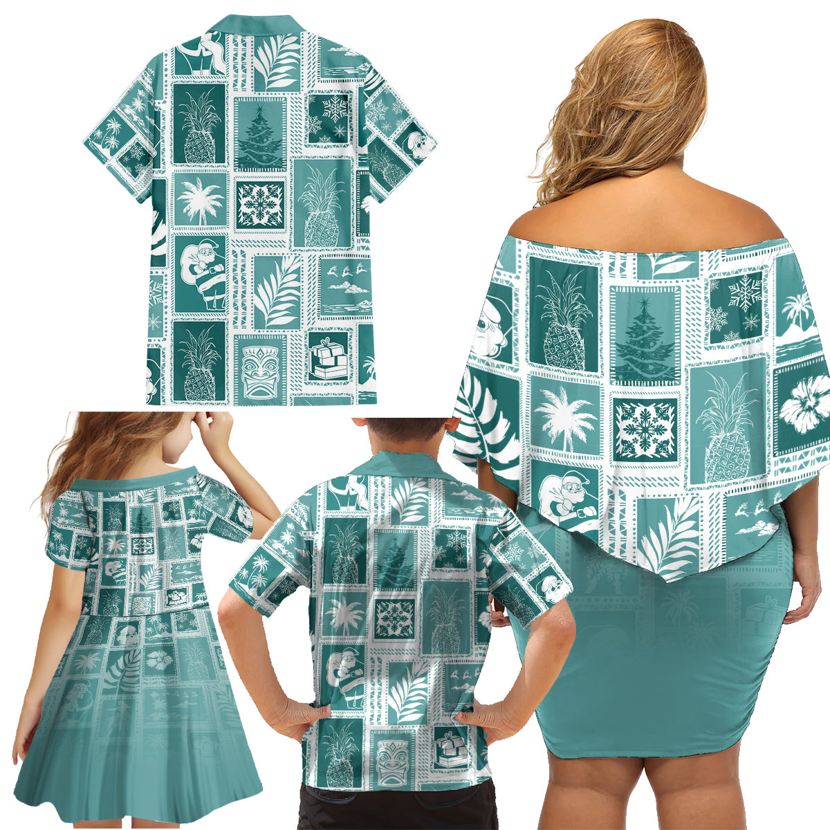Hawaii Christmas Retro Patchwork Family Matching Off Shoulder Short Dress and Hawaiian Shirt Teal LT7 - Polynesian Pride