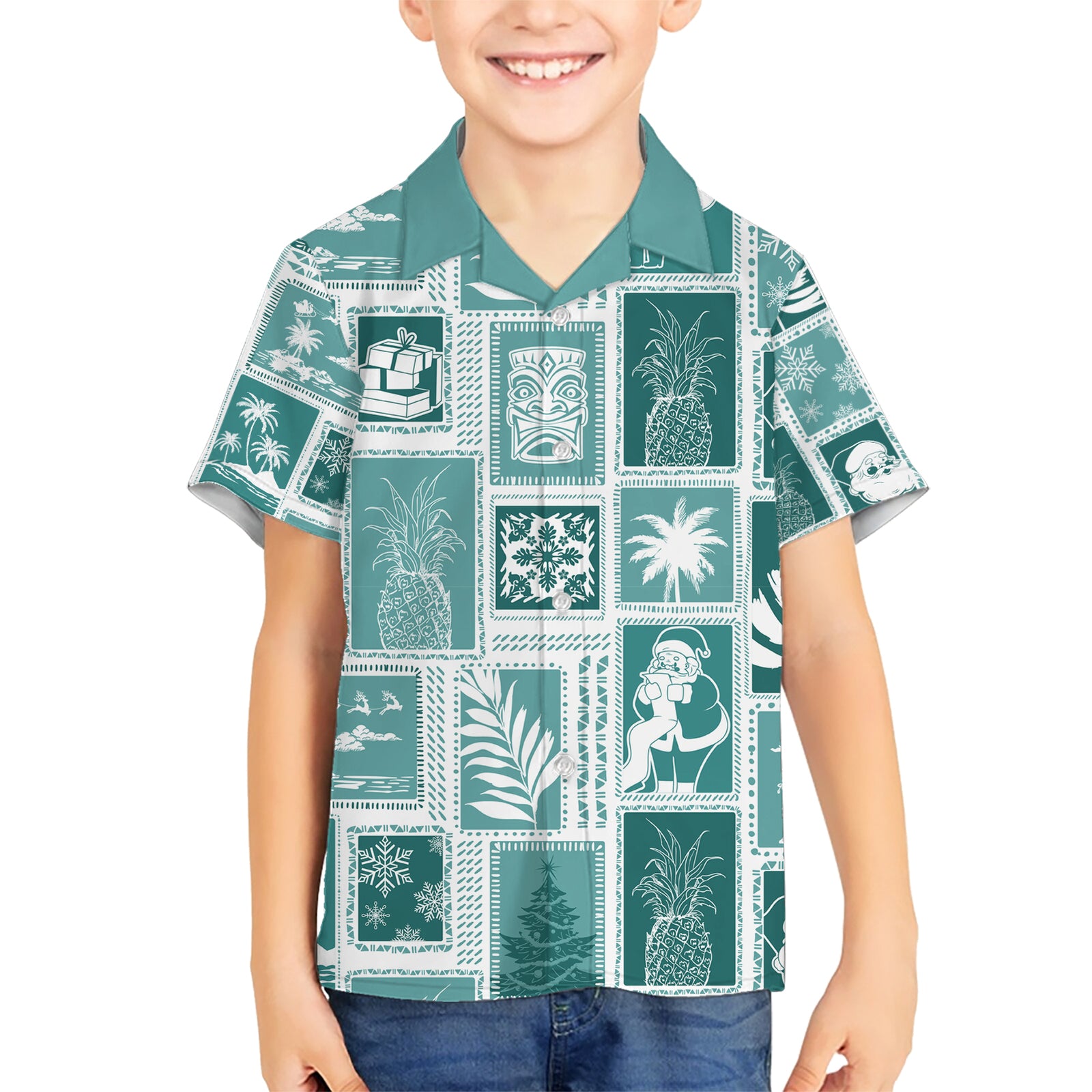Hawaii Christmas Retro Patchwork Kid Hawaiian Shirt Teal LT7 Kid Teal - Polynesian Pride