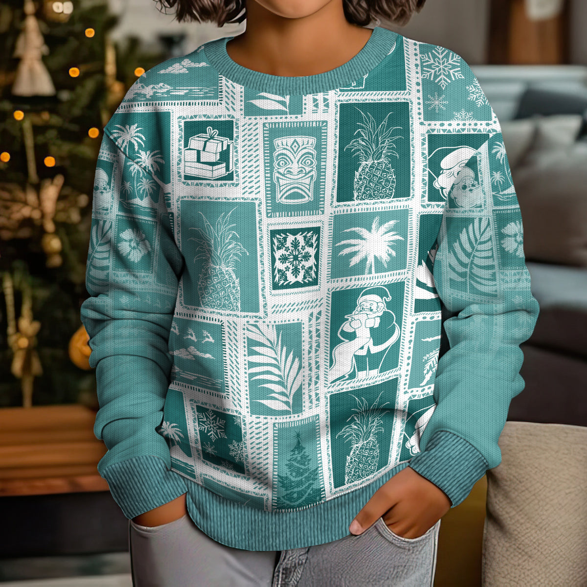 Hawaii Christmas Kid Ugly Christmas Sweater Retro Patchwork - Teal LT7 - Polynesian Pride