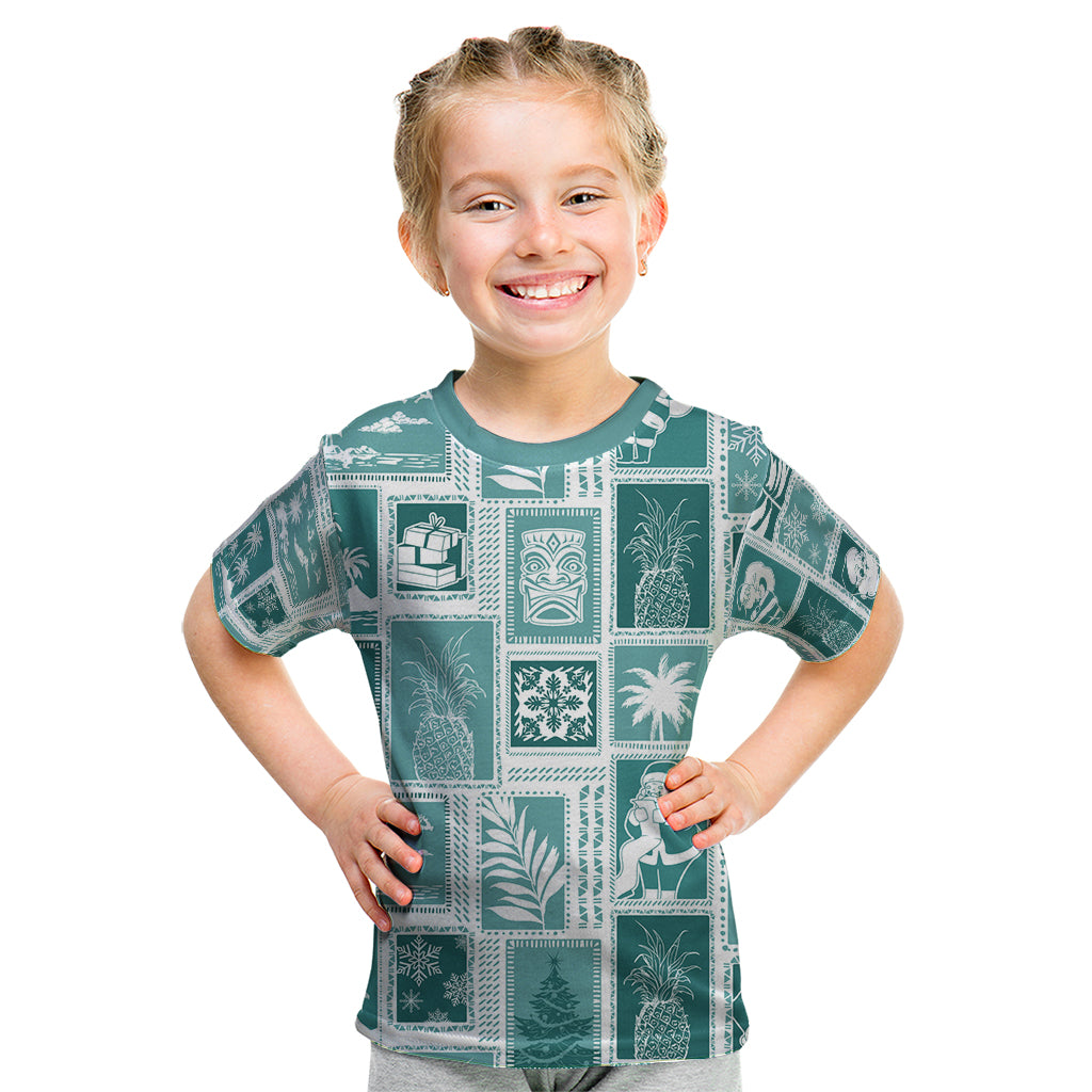Hawaii Christmas Retro Patchwork Kid T Shirt Teal LT7 Teal - Polynesian Pride