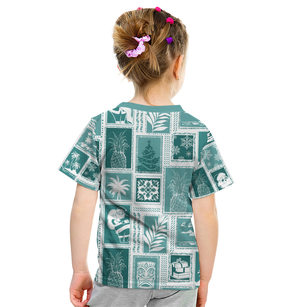 Hawaii Christmas Retro Patchwork Kid T Shirt Teal LT7 - Polynesian Pride