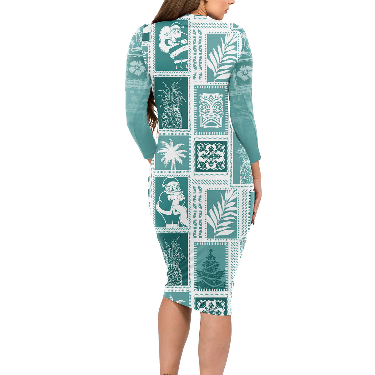 Hawaii Christmas Retro Patchwork Long Sleeve Bodycon Dress Teal LT7 - Polynesian Pride