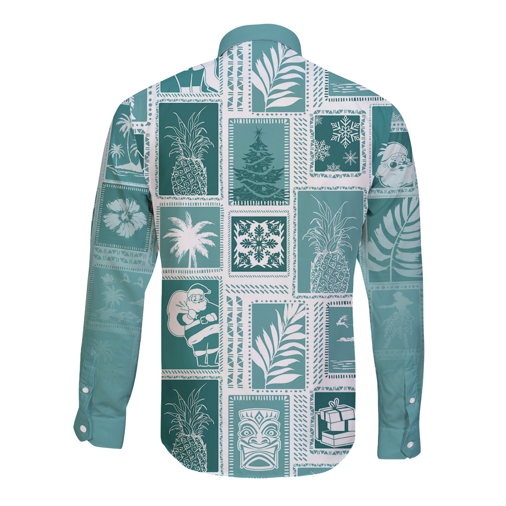 Hawaii Christmas Retro Patchwork Long Sleeve Button Shirt Teal LT7 - Polynesian Pride