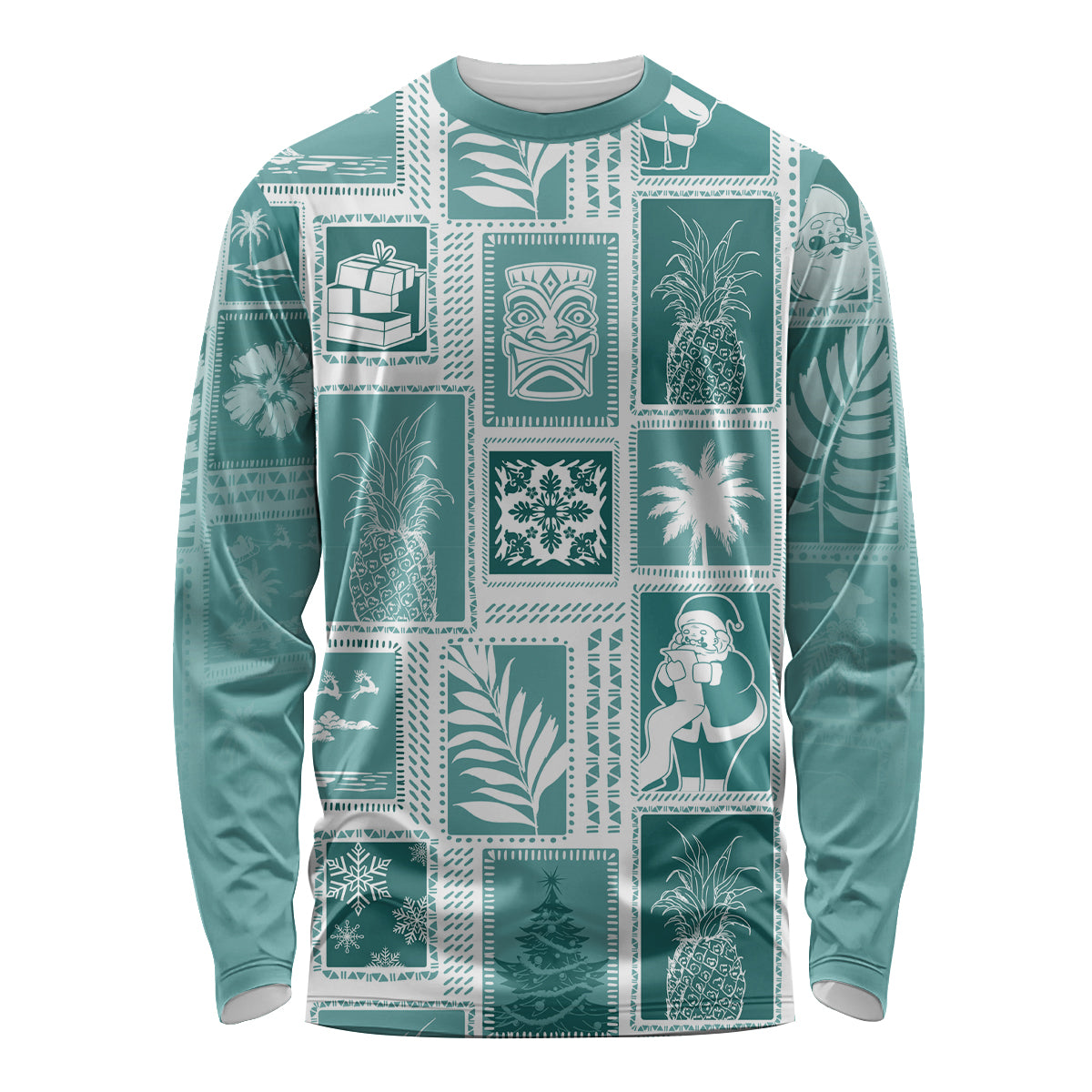 Hawaii Christmas Retro Patchwork Long Sleeve Shirt Teal LT7 Unisex Teal - Polynesian Pride