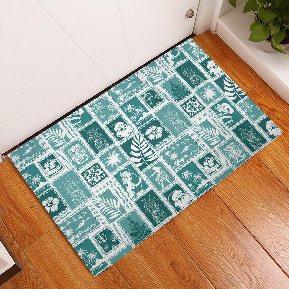 Hawaii Christmas Retro Patchwork Rubber Doormat Teal LT7 Teal - Polynesian Pride