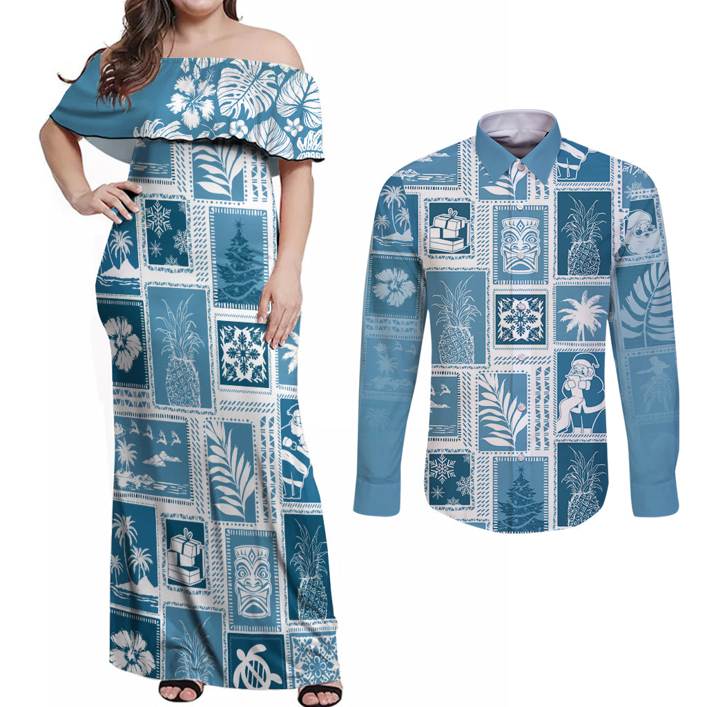 Hawaii Christmas Retro Patchwork Couples Matching Off Shoulder Maxi Dress and Long Sleeve Button Shirt Aquamarine LT7 Aquamarine - Polynesian Pride