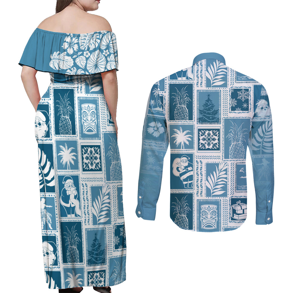 Hawaii Christmas Retro Patchwork Couples Matching Off Shoulder Maxi Dress and Long Sleeve Button Shirt Aquamarine LT7 - Polynesian Pride