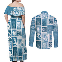 Hawaii Christmas Retro Patchwork Couples Matching Off Shoulder Maxi Dress and Long Sleeve Button Shirt Aquamarine LT7 - Polynesian Pride