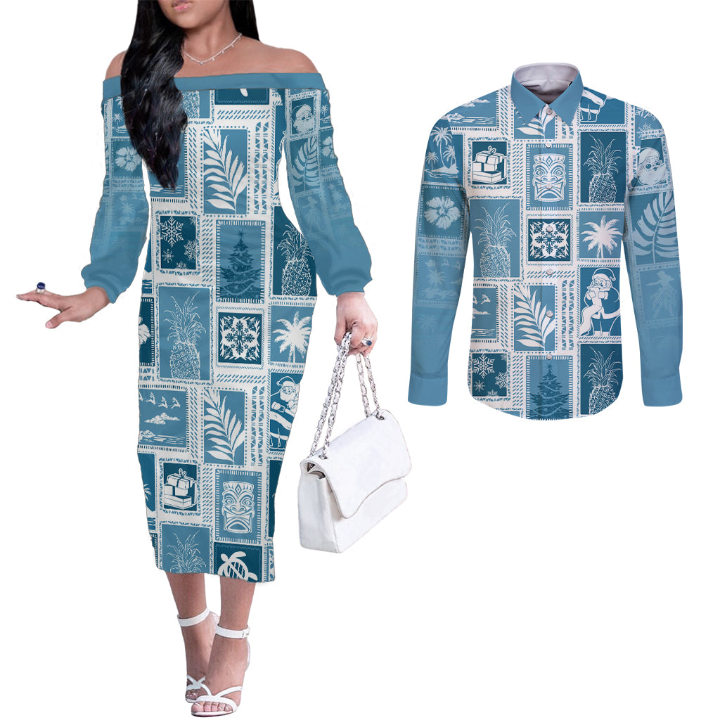 Hawaii Christmas Retro Patchwork Couples Matching Off The Shoulder Long Sleeve Dress and Long Sleeve Button Shirt Aquamarine LT7 Aquamarine - Polynesian Pride