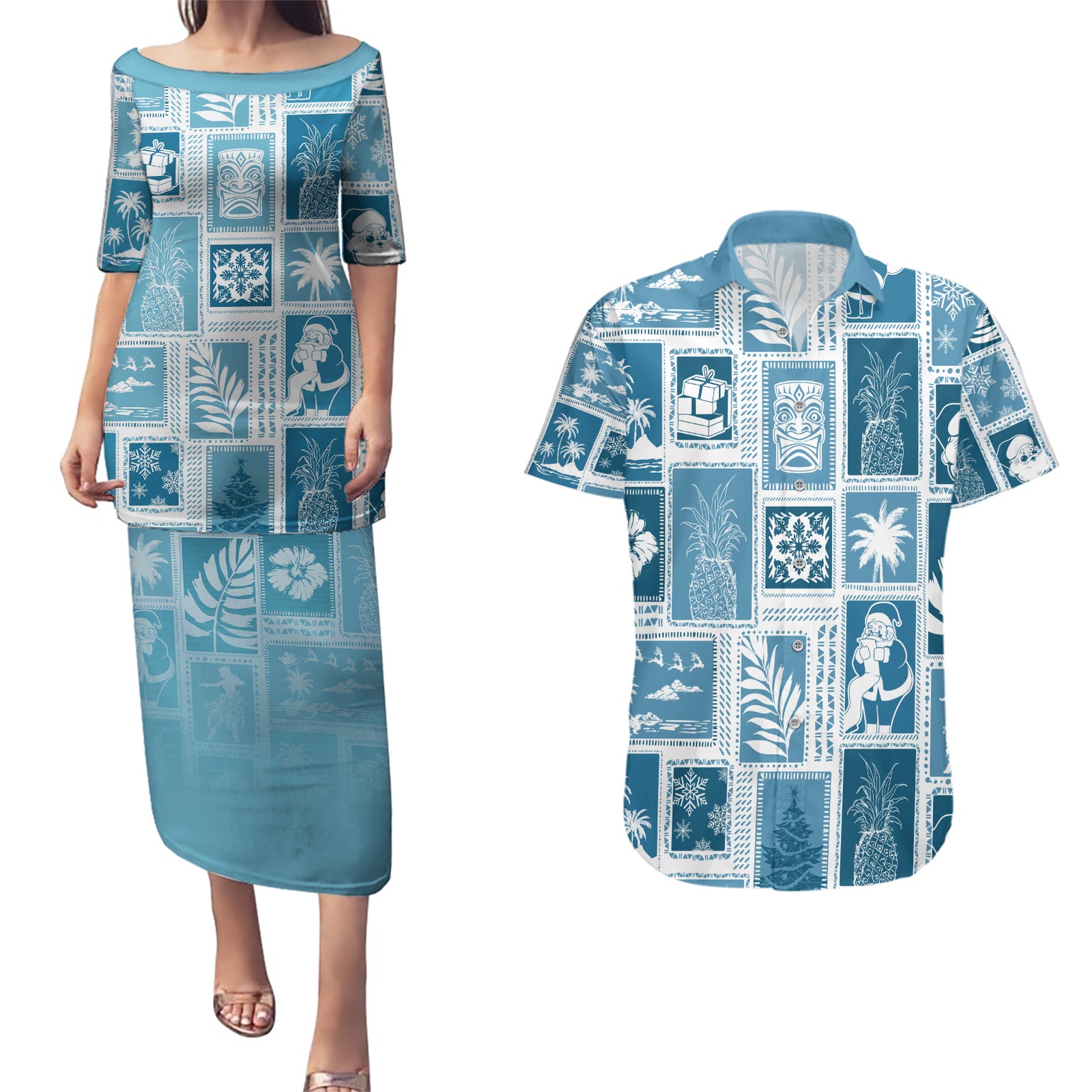 Hawaii Christmas Retro Patchwork Couples Matching Puletasi Dress and Hawaiian Shirt Aquamarine LT7 Aquamarine - Polynesian Pride