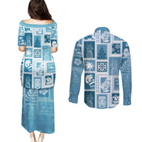 Hawaii Christmas Retro Patchwork Couples Matching Puletasi Dress and Long Sleeve Button Shirt Aquamarine LT7 - Polynesian Pride
