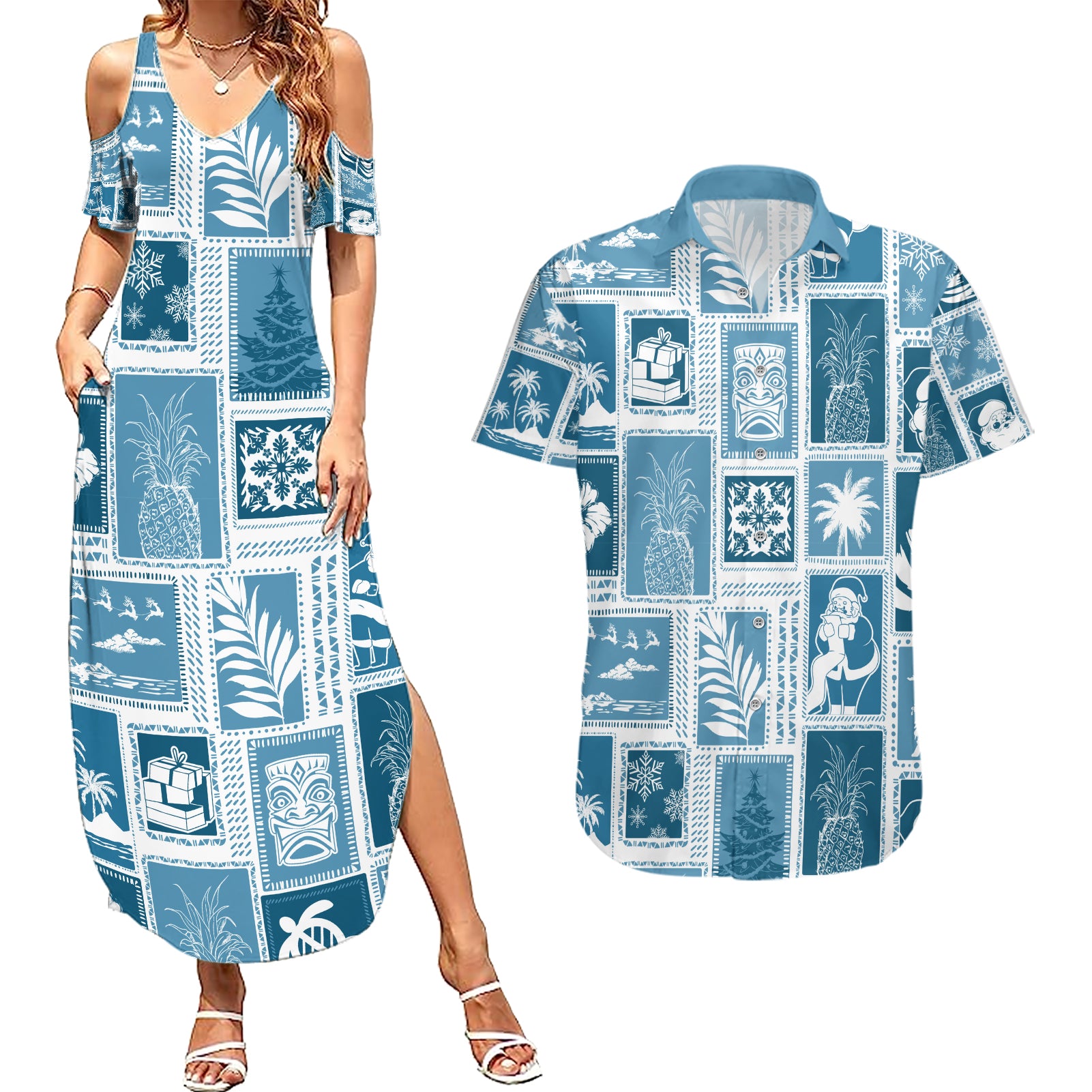 Hawaii Christmas Retro Patchwork Couples Matching Summer Maxi Dress and Hawaiian Shirt Aquamarine LT7 Aquamarine - Polynesian Pride