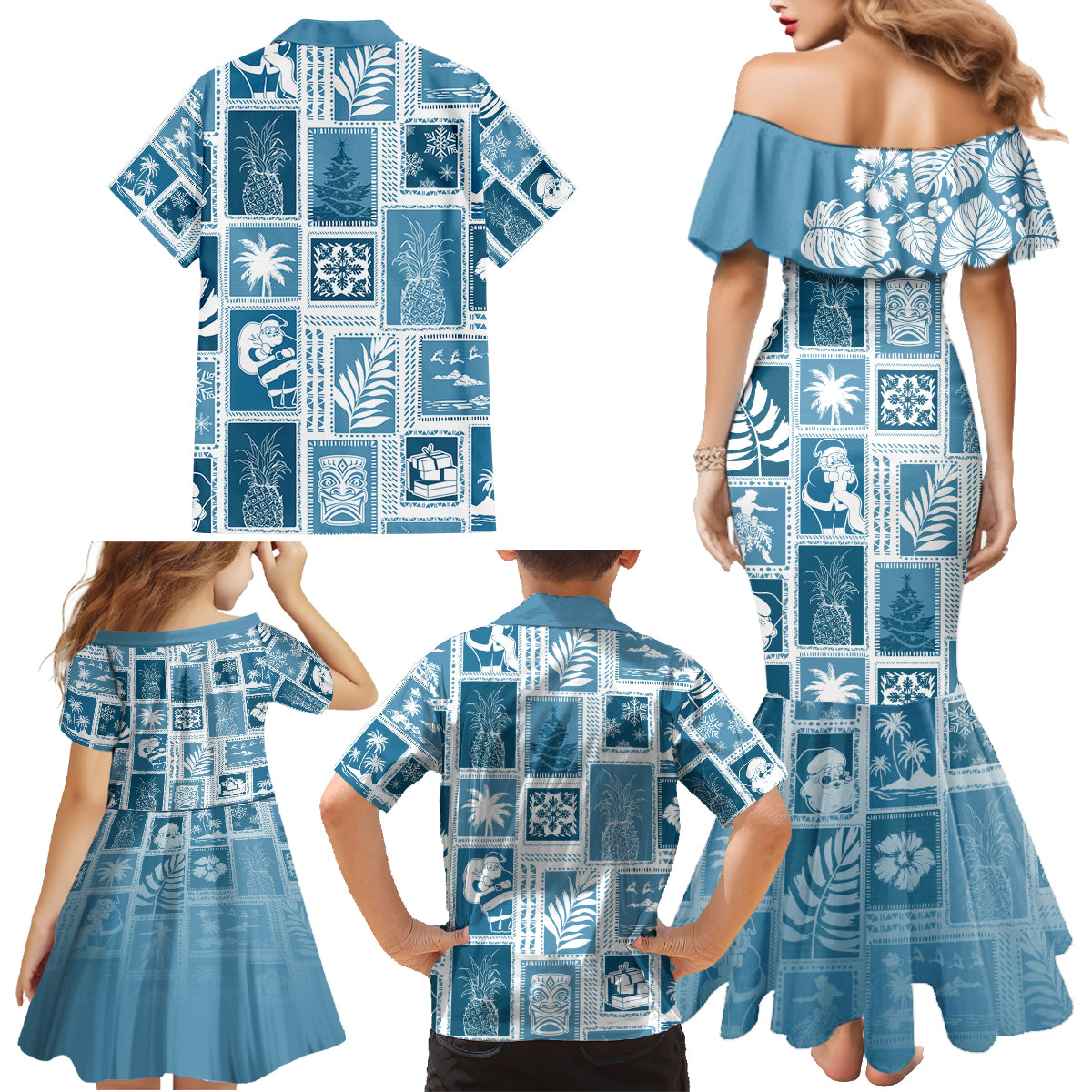 Hawaii Christmas Retro Patchwork Family Matching Mermaid Dress and Hawaiian Shirt Aquamarine LT7 - Polynesian Pride